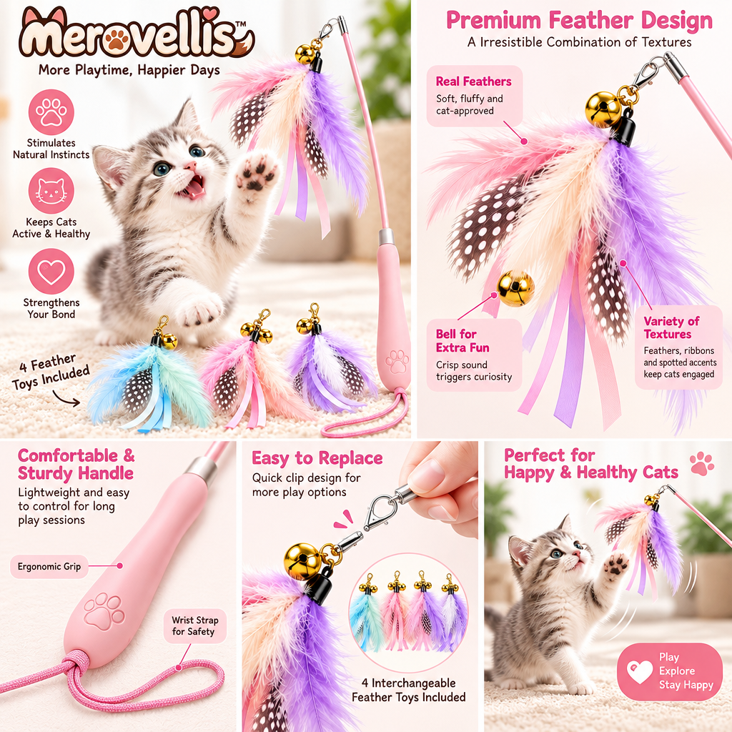 Merovellis™ Colorful Feather Cat Teaser Wand