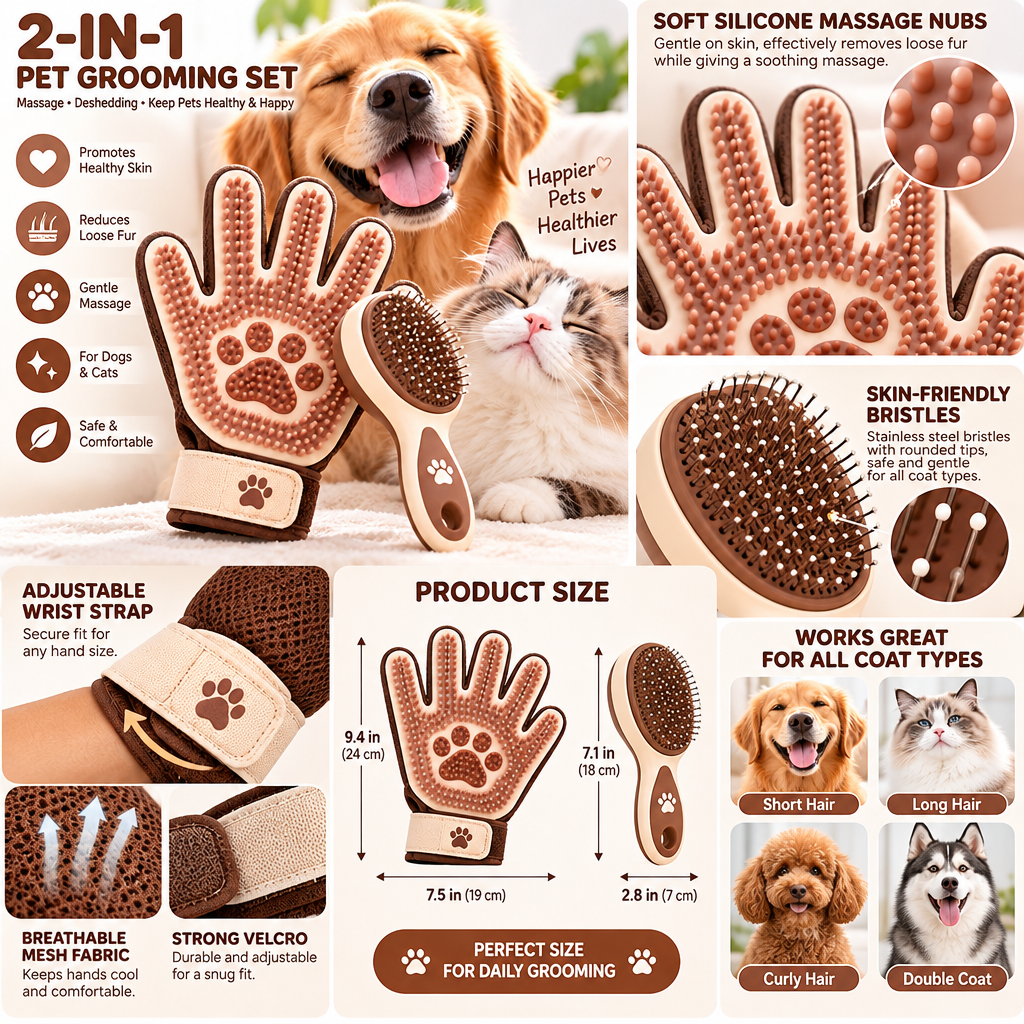 Merovellis™ 2-Piece Pet Grooming Glove & Brush Set