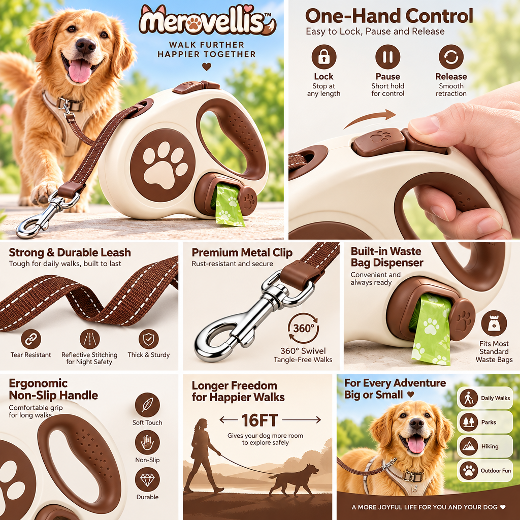 Merovellis™ Retractable Dog Leash with Waste Bag Holder